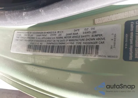 2006 Volkswagen New Beetle 2.5 z USA, uszkodzony, nr VIN 3VWPW31C06M414356